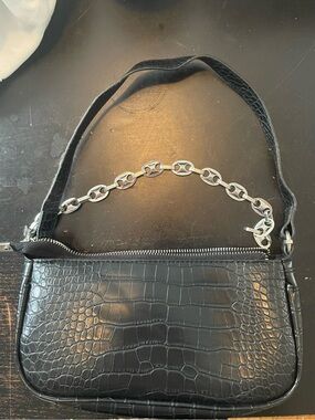 Ardene Black Croc-Embossed Shoulder Bag with Silver Chain